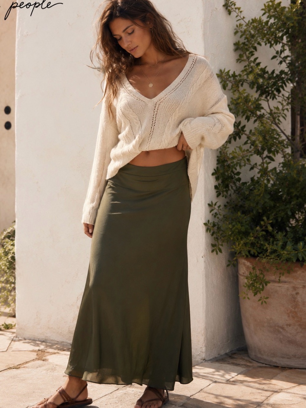 Free People Olive Green Satin Midi Straight Pencil Skirt Sz 12 Bobo Casual #6